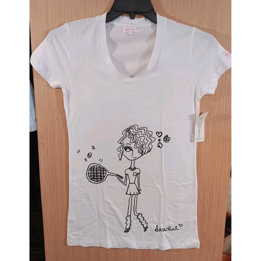 Sara Paul (M) Graphic Cute Casual Tee Tennis Love Women's White
